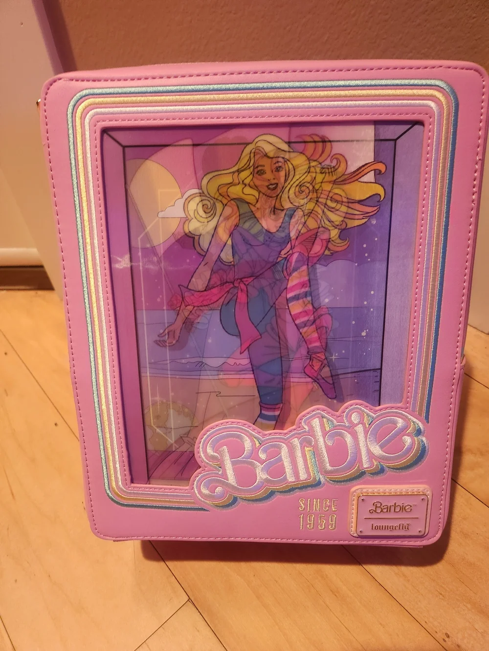 Loungefly Pink Barbie Display-Style Backpack with Rainbow Trim